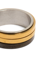 Highlighting a mens waterproof band ring crafted from gold plated and black coated stainless steel in silver tones close up view - link has visual effect only