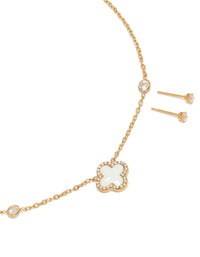 Waterproof Gold Plated Stainless Steel Flower Outline Necklace & Earrings Set - link has visual effect only
