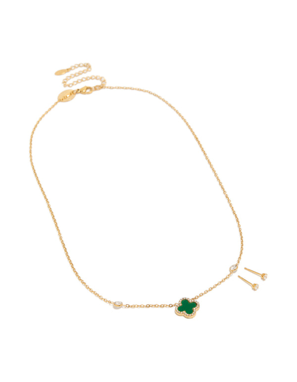 Waterproof Gold Plated Stainless Steel Green Flower Cubic Zirconia Ourline Necklace & Earrings Set