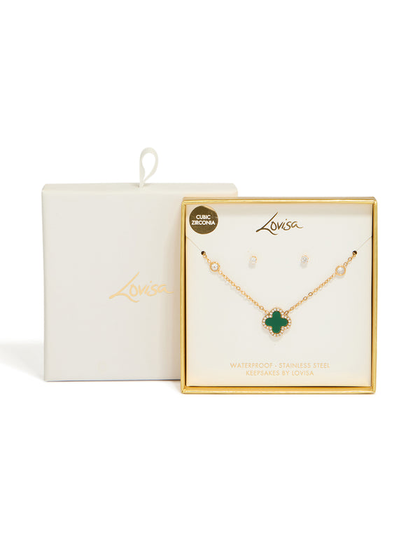 Waterproof Gold Plated Stainless Steel Green Flower Cubic Zirconia Ourline Necklace & Earrings Set