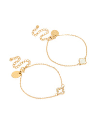 Waterproof Gold Plated Stainless Steel Cubic Zirconia Solitaire Flower Charm Bracelets 2-Pack - link has visual effect only