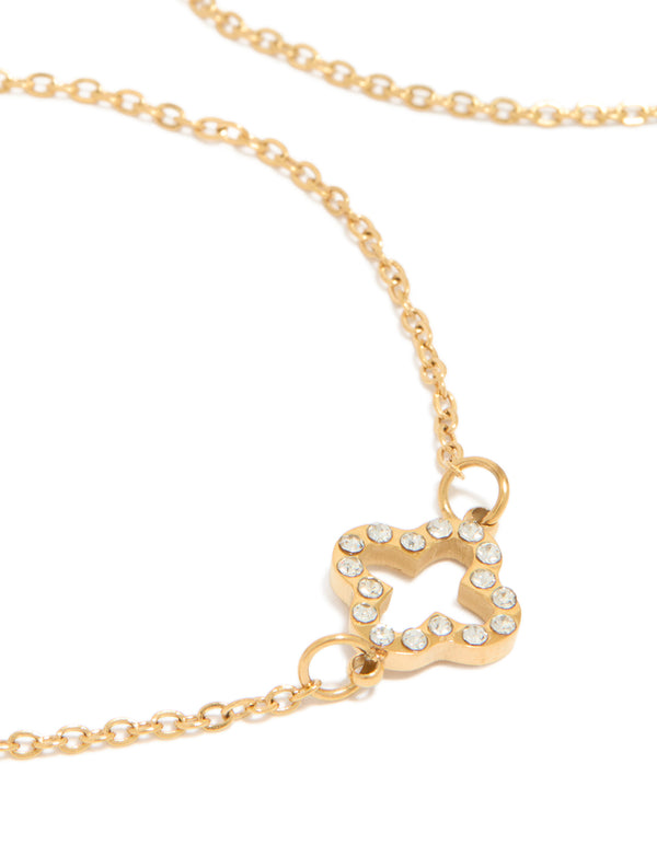 Waterproof Gold Plated Stainless Steel Cubic Zirconia Solitaire Flower Charm Bracelets 2-Pack