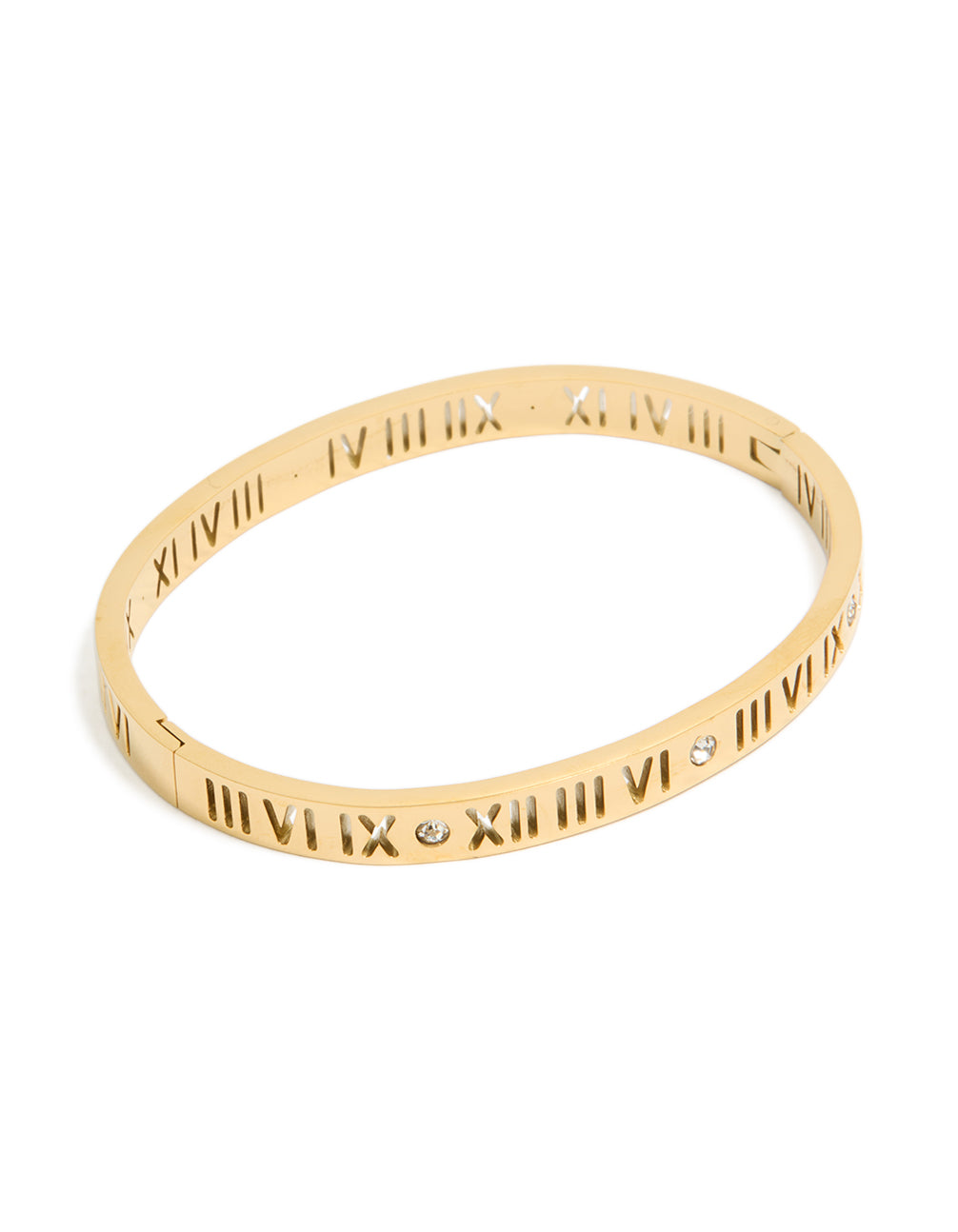Featuring a waterproof gold plated stainless steel bangle with roman numeral engravings and cubic zirconia accents front view
