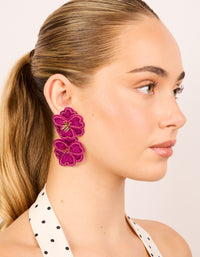 Hot Pink Fabric Beaded Double Flower Drop Earrings - link has visual effect only