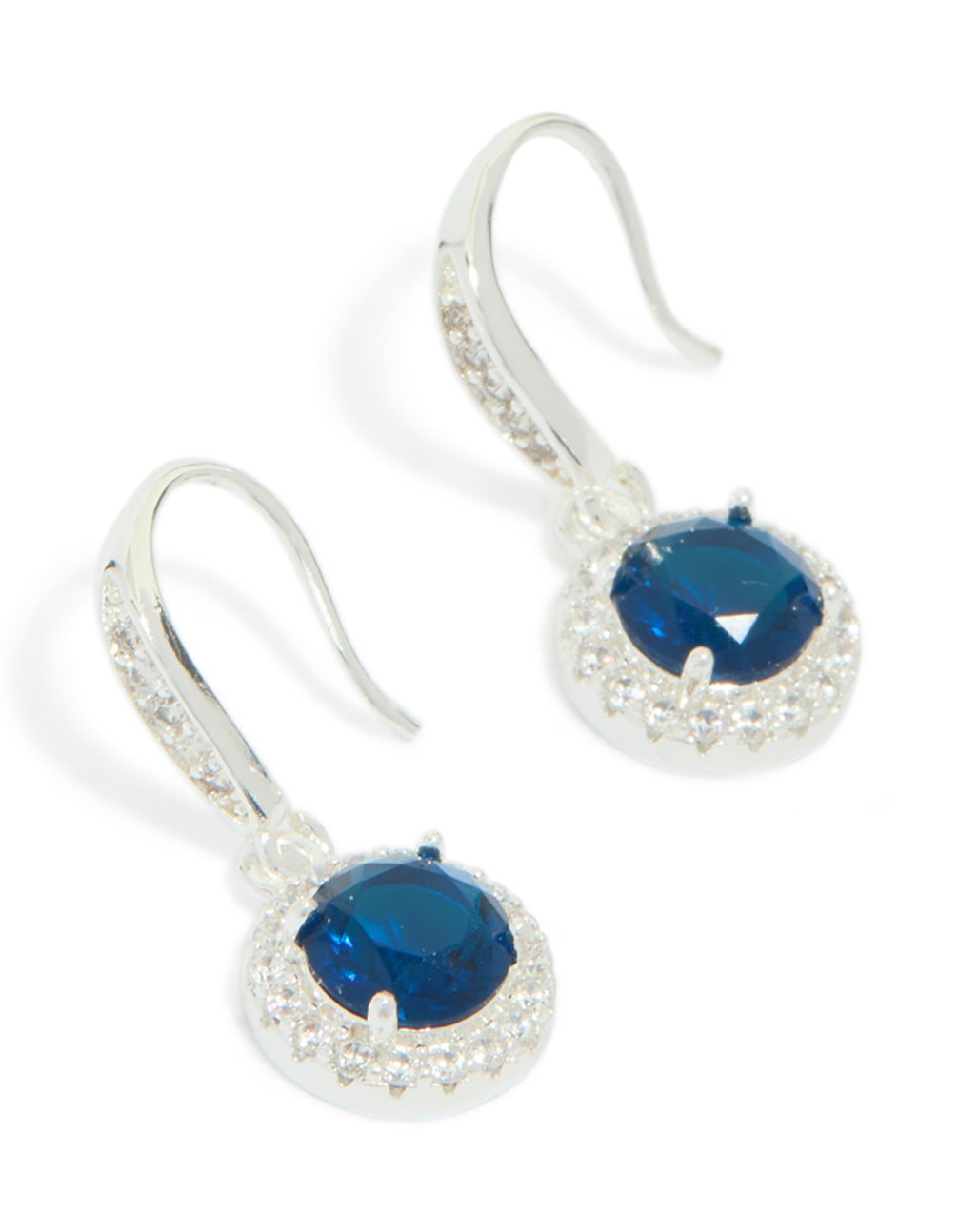 Showcasing silver plated sapphire blue cubic zirconia halo drop earrings with navy accents front view