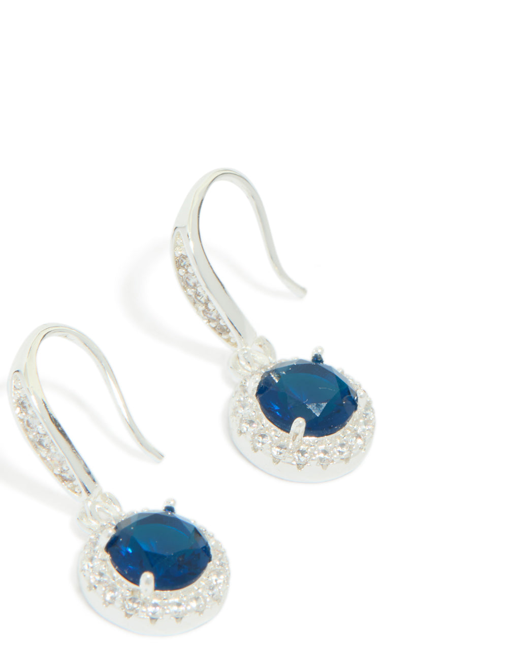 Showcasing silver plated sapphire blue cubic zirconia halo drop earrings with navy accents front view
