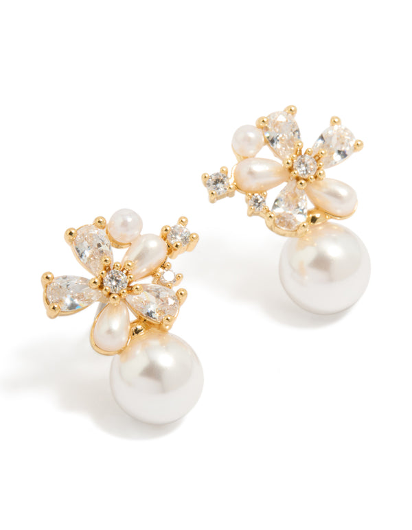 Showcasing gold plated cubic zirconia laurel and pearl flower hoop earrings in ivory front view