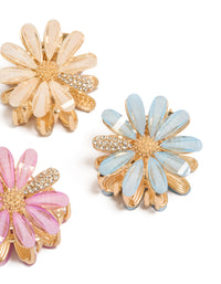 Featuring glitter floral print 3-pack gold pastel daisy claw clips in pink, powder blue, and peachpuff side view - link has visual effect only