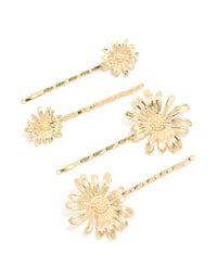 Showcasing gold detailed daisy hair clips in a 4-pack front view - link has visual effect only