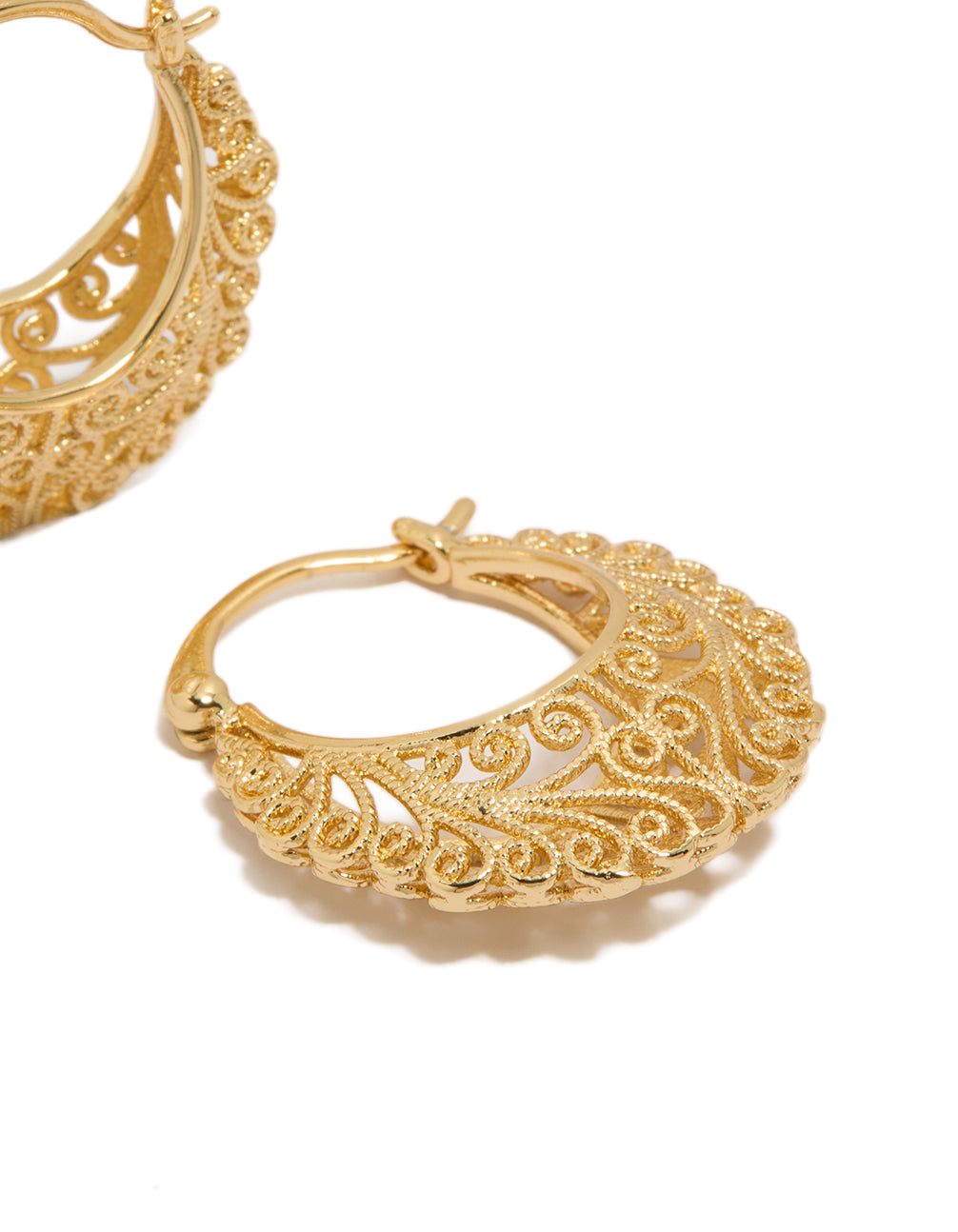 Featuring gold plated boho patterned hoop earrings post detail view