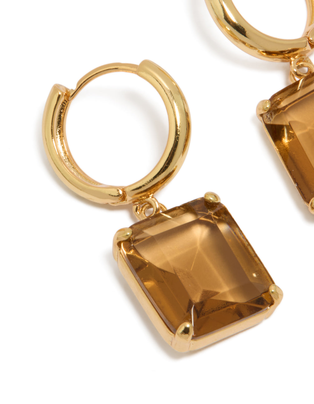 Designed with gold plated large square cognac cubic zirconia drop earrings in statement style close up view
