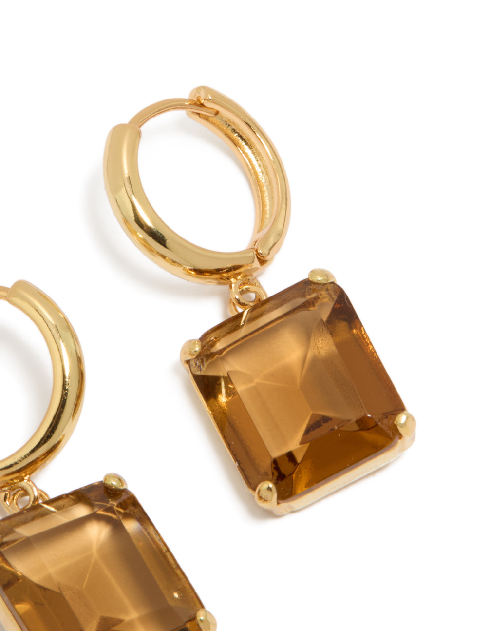 Highlighting gold plated large square cognac cubic zirconia drop earrings with statement style post detail view