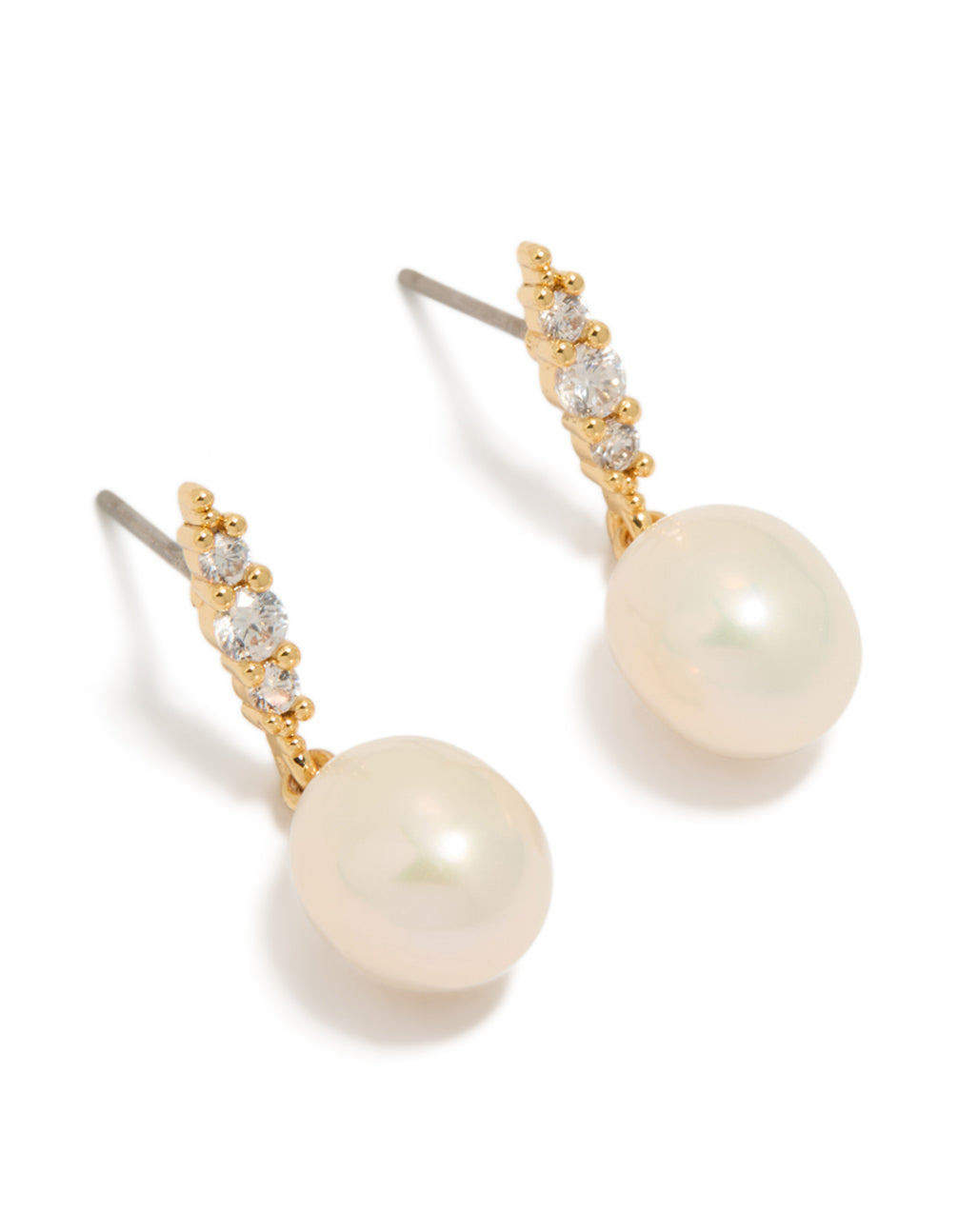 Discover gold plated cubic zirconia and freshwater pearl drop earrings with statement style front view