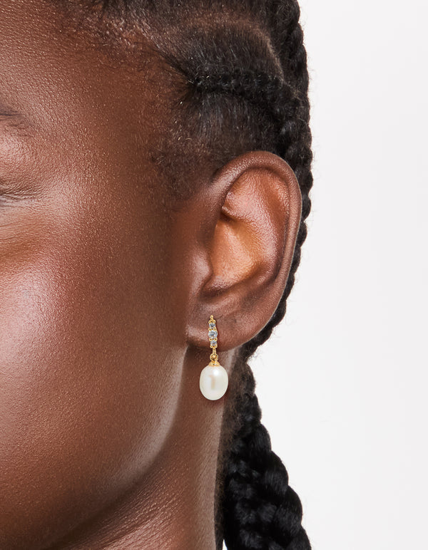 Gold Plated Cubic Zirconia & Freshwater Pearl Drop Earrings