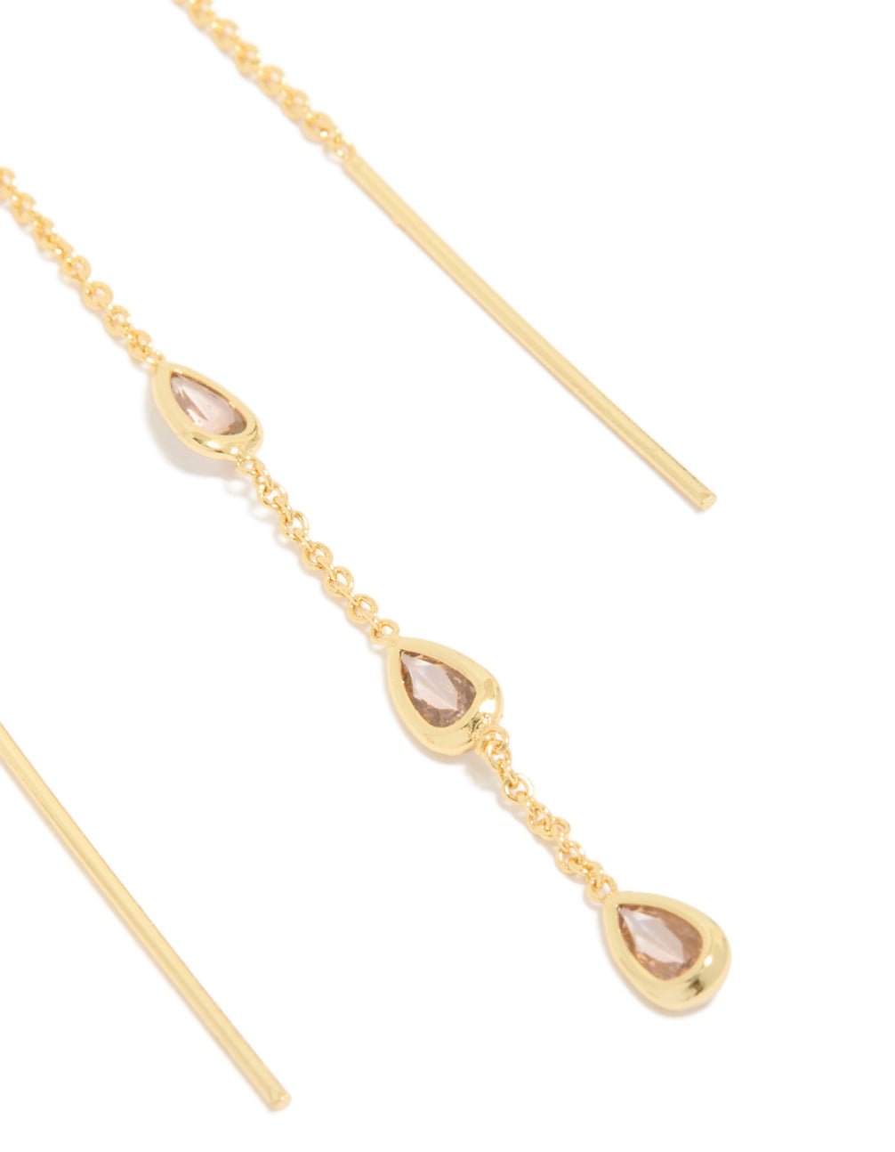 Gold Plated Pink Cubic Zirconia  Pear Station Threader Earrings