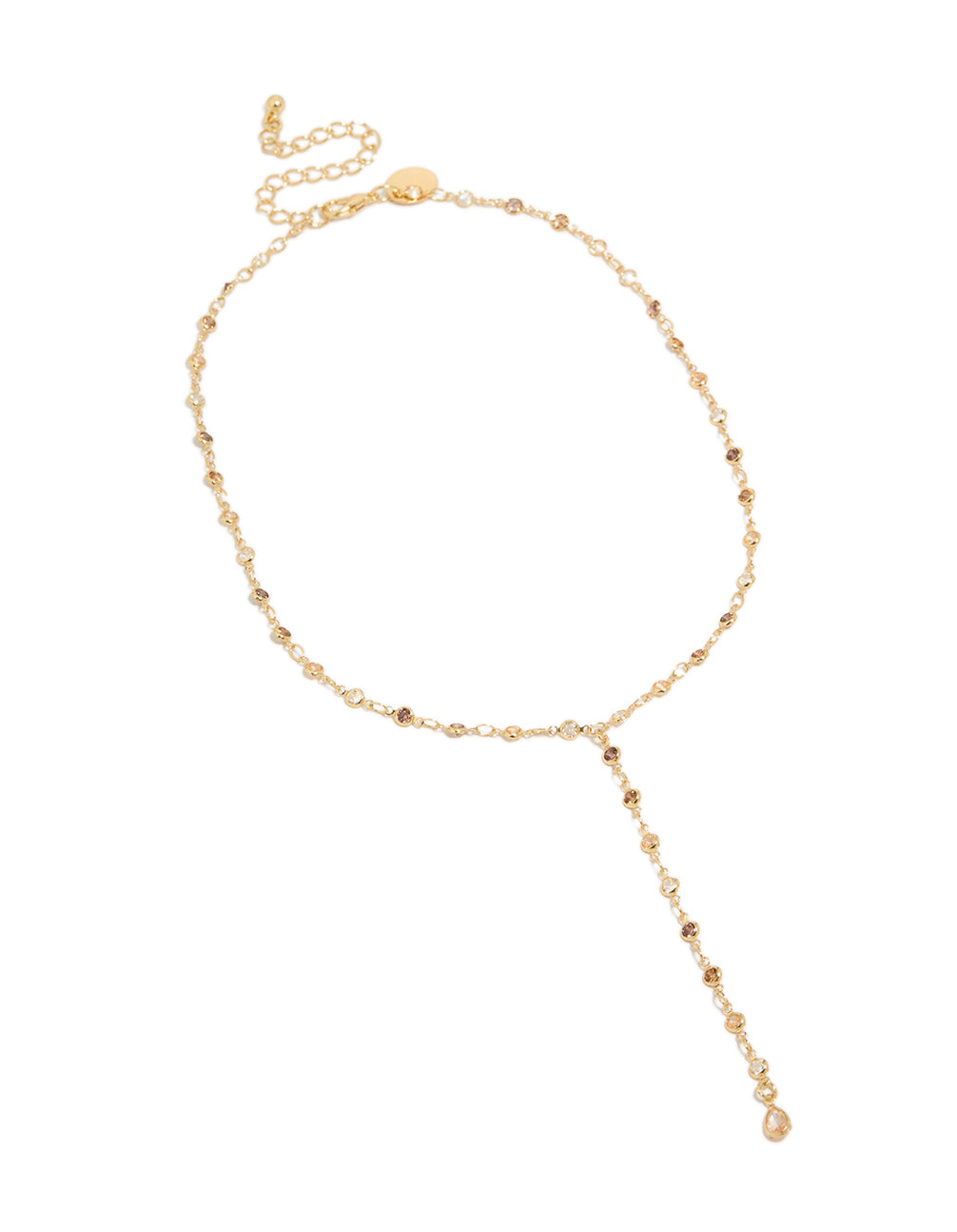 Discover this gold plated multicoloured cubic zirconia circle detailed charms Y-necklace featuring dainty pendant in a front view