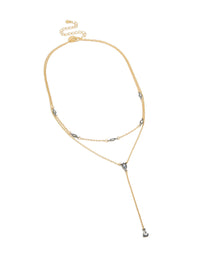 Featuring a mixed metal teardrop diamante drop Y-necklace with plated finish in statement design front view - link has visual effect only