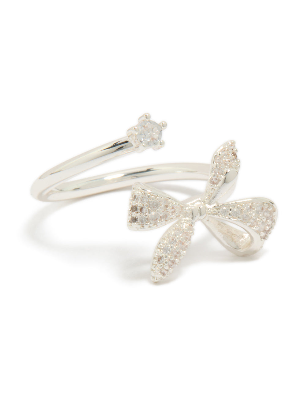 Showcasing a dainty wrap bow ring crafted from silver plated material with cubic zirconia front view