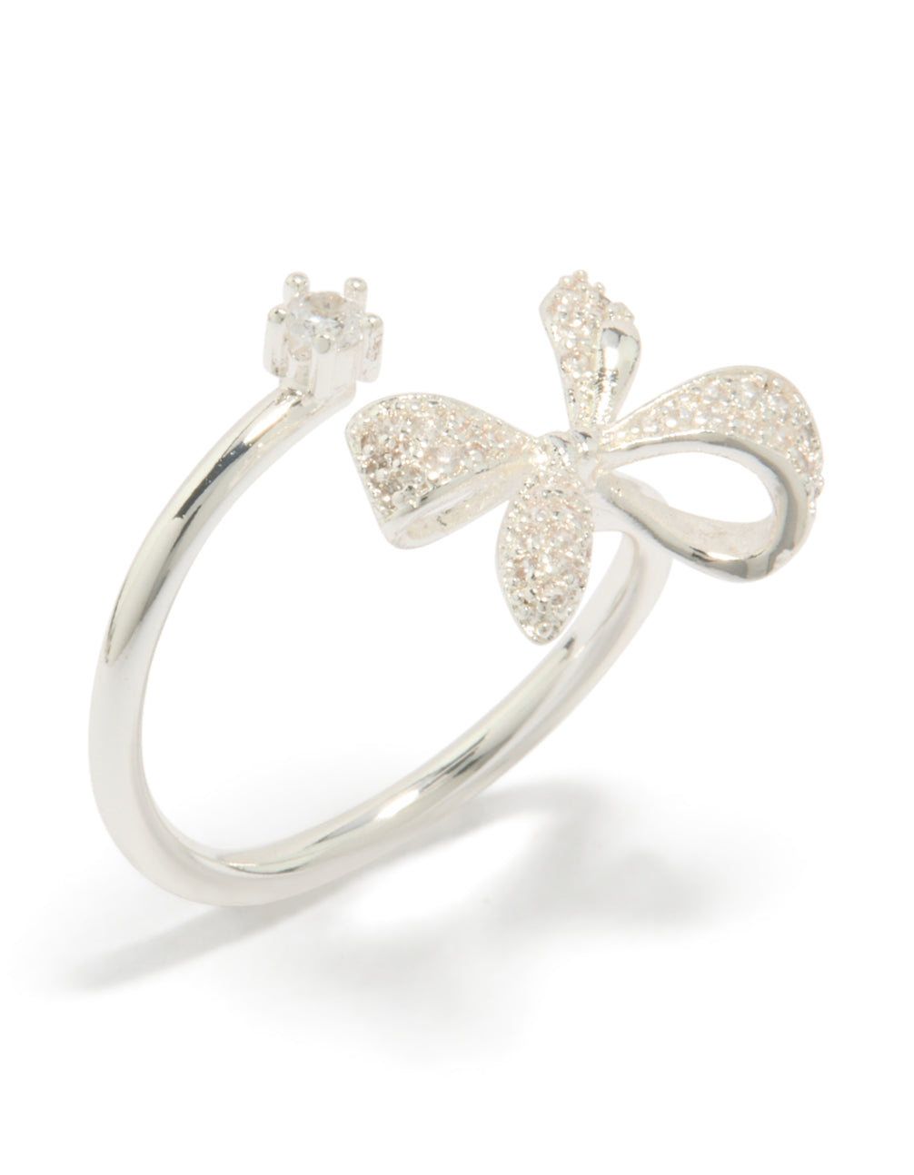 This dainty wrap bow ring features silver plated material with cubic zirconia side detail view