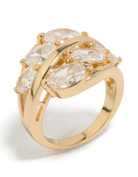 Statement gold plated layered ring featuring oval cut cubic zirconia clusters side detail view - link has visual effect only