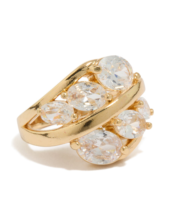 Statement gold plated layered ring featuring oval cut cubic zirconia clusters front view