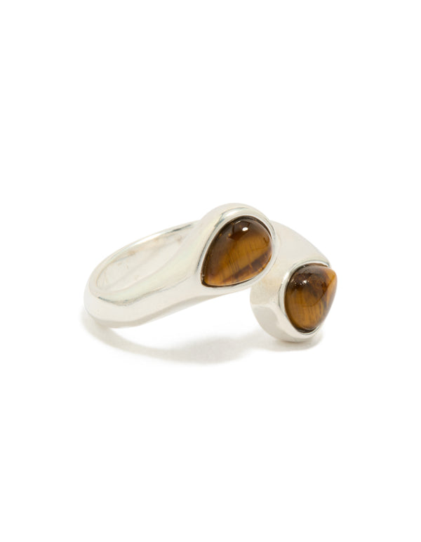 Showcasing a waterproof stainless steel double tigers eye ring crafted from gold and silver side detail view