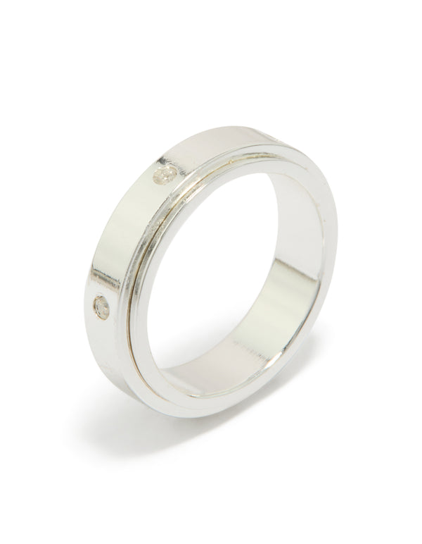 Featuring a waterproof cubic zirconia stainless steel spinner ring in silver and clear stone side detail view