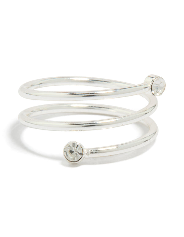 Showcasing a waterproof stainless steel diamante coil ring with clear accents in silver front view