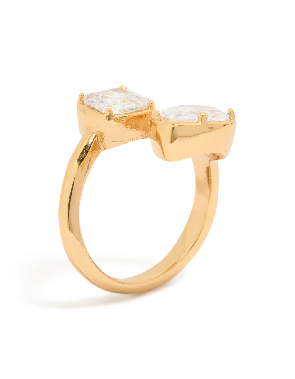Designed with waterproof gold plated stainless steel and double cubic zirconia, this wrap ring showcases clear sparkle in a side detail view