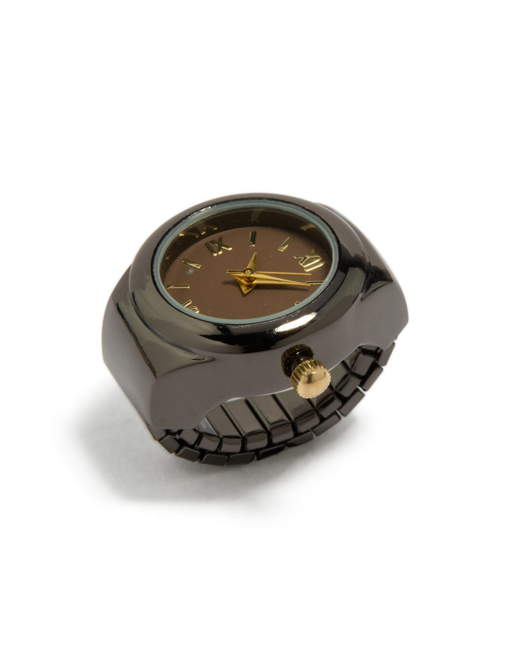 Featuring a statement watch ring with link band in gold and black front view