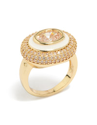 Gold Plated Pave Cubic Zirconia White Enamel Ring - link has visual effect only