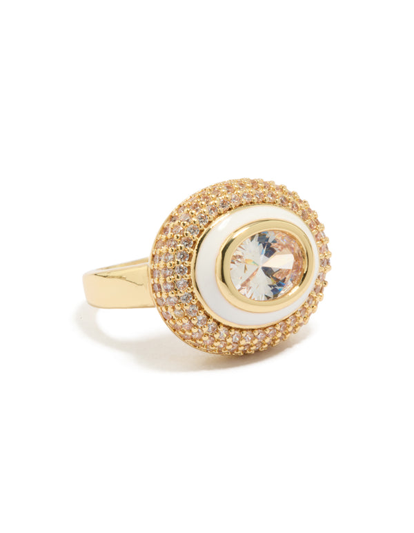 Gold Plated Pave Cubic Zirconia White Enamel Ring