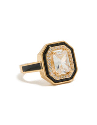 Showcasing a statement ring with cushion cut cubic zirconia, black enamel outline, crafted from gold plated crystal front view - link has visual effect only