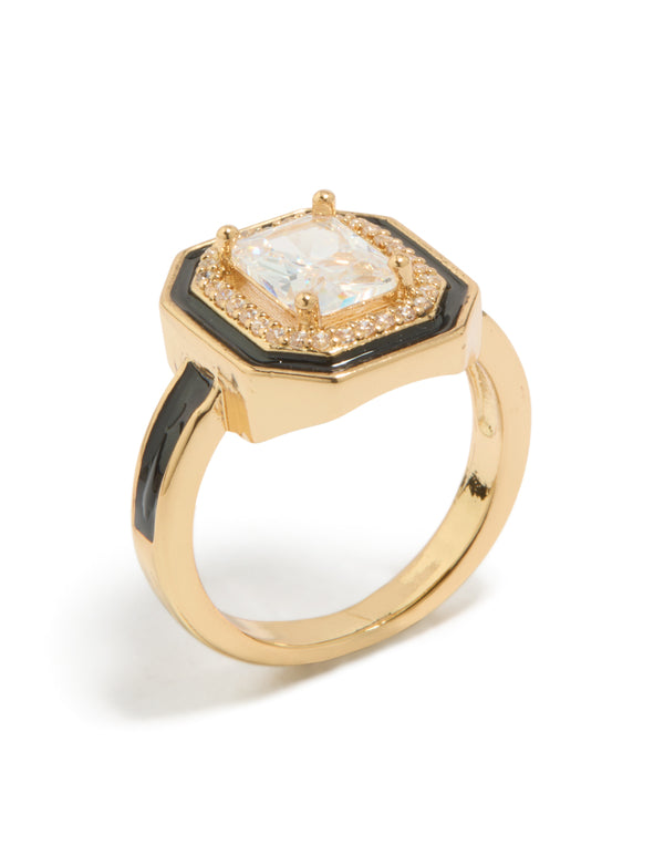 Displaying a statement ring featuring cushion cut cubic zirconia, black enamel outline, in gold plated crystal side detail view