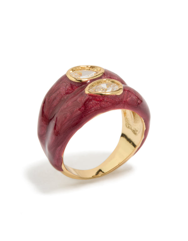 Showcasing a gold plated red enamel double cubic zirconia ring with glitter accents side detail view