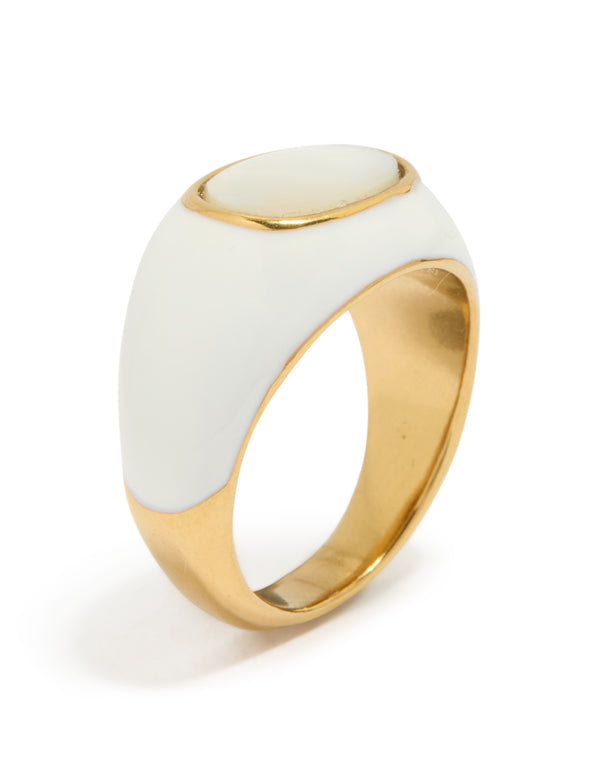 Featuring a waterproof gold plated stainless steel ring with white enamel and shell in ivory and gold side detail view