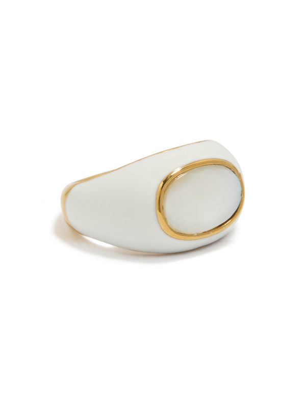 Showcasing a waterproof gold plated stainless steel ring with white enamel and shell design in ivory and gold front view