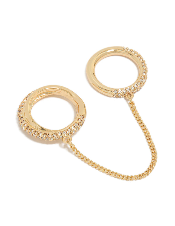 Showcasing a gold plated cubic zirconia pave dainty chain ring front view