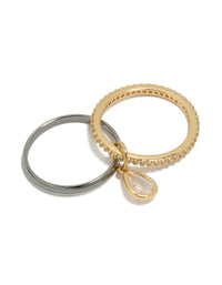 Elegant mixed metal plated cubic zirconia band and stacked ring with charm in gold and silver front view - link has visual effect only