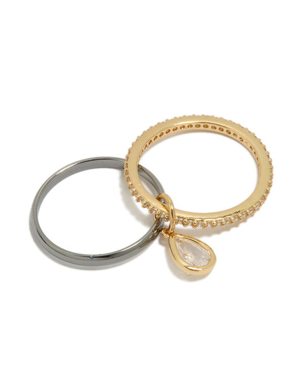 Elegant mixed metal plated cubic zirconia band and stacked ring with charm in gold and silver front view