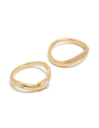 Featuring gold plated cubic zirconia pave stacking rings in a 2-pack with pear cut crystal stones and dainty design front view - link has visual effect only
