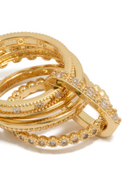 Showcasing a gold plated cubic zirconia interlinked stacked ring with statement crystal detailing close up view - link has visual effect only