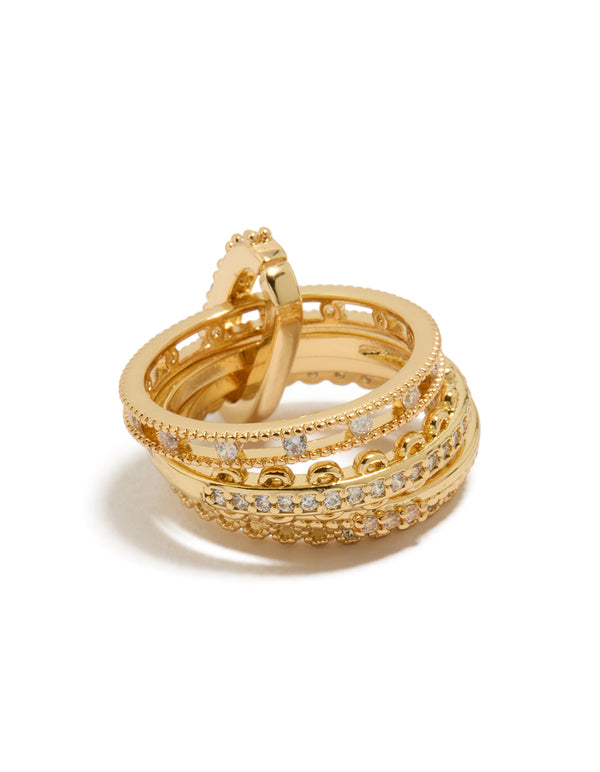 Featuring a gold plated cubic zirconia interlinked stacked ring with statement crystal design front view