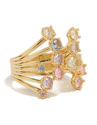 Showcasing a gold plated open ring featuring pink and blue cubic zirconia stones front view - link has visual effect only