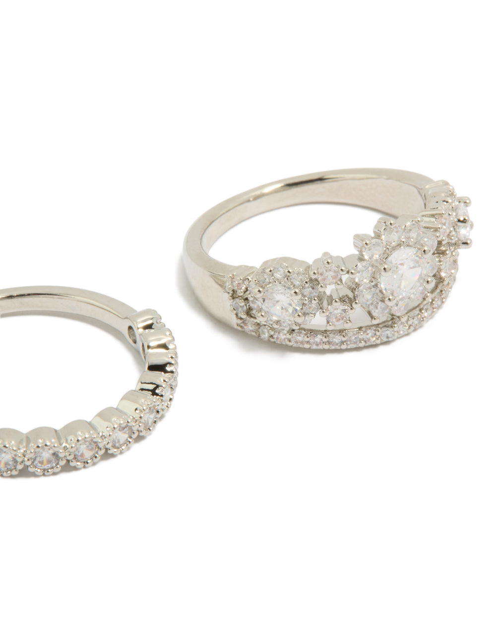 Crafted from silver cubic zirconia band and floral stacking rings in a 2-pack with crystal detailing close up view
