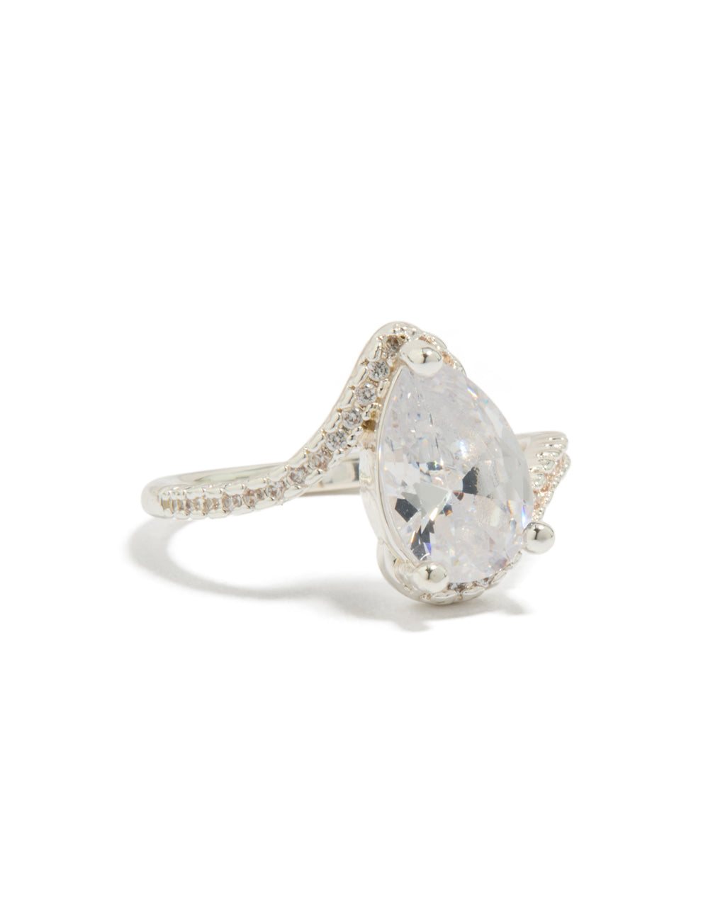 Displaying a statement silver plated pear cubic zirconia engagement ring with crystal features front view