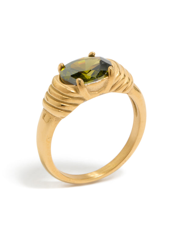 Waterproof Gold Plated  Stainless Steel Oval Green  Cubic Zirconia Ring