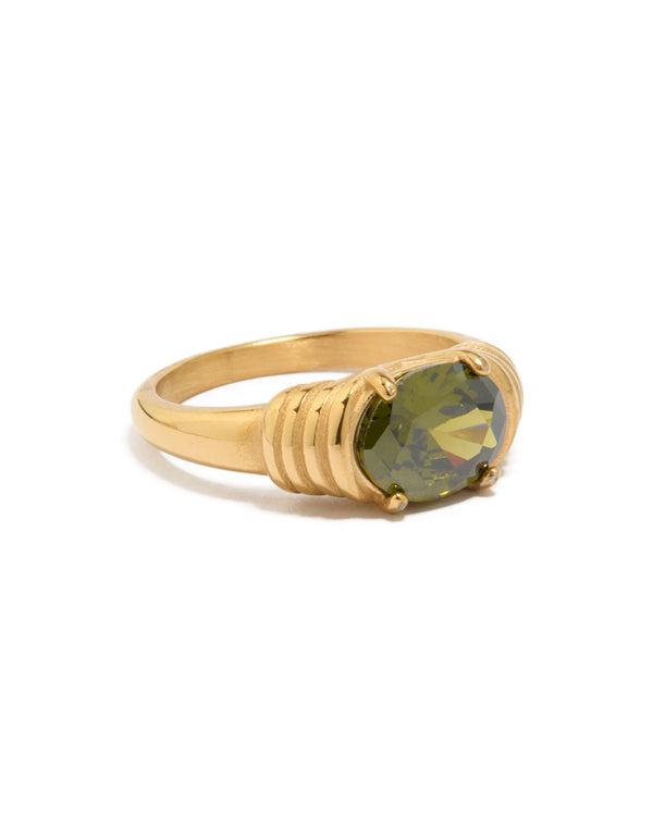 Waterproof Gold Plated  Stainless Steel Oval Green  Cubic Zirconia Ring