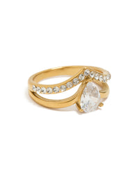 Waterproof Gold Plated Stainless Steel Pear Cubic Zirconia Layered Ring - link has visual effect only