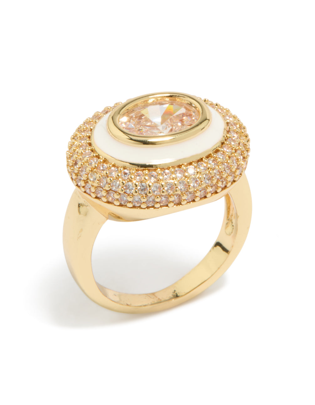 Showcasing a statement ring crafted from gold plated metal featuring pave cubic zirconia, white enamel, and champagne tones side detail view